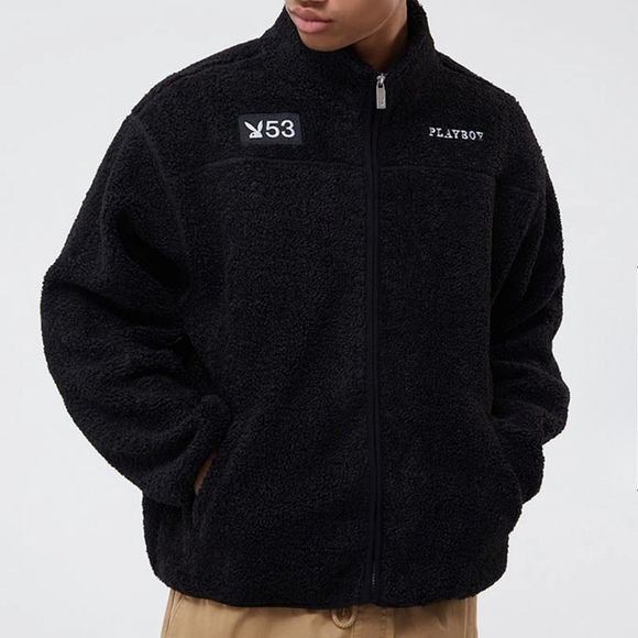 Playboy Double Header Embroidered Sherpa Jacket in Black Size Large - Picture 2 of 13